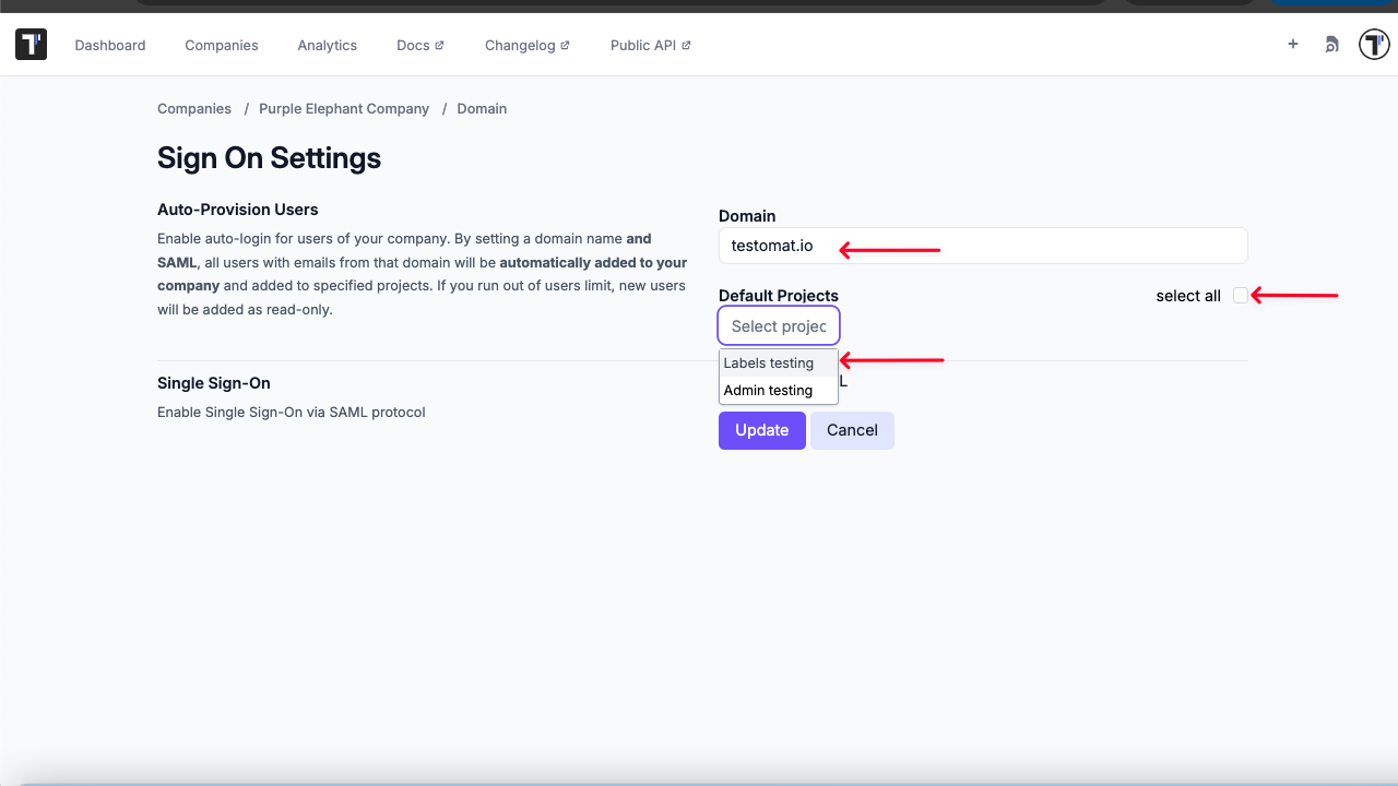 Testomatio.io - Sign-On Settings Page